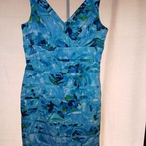 American Living Turquoise Blue Floral V-Neck Midi Dress